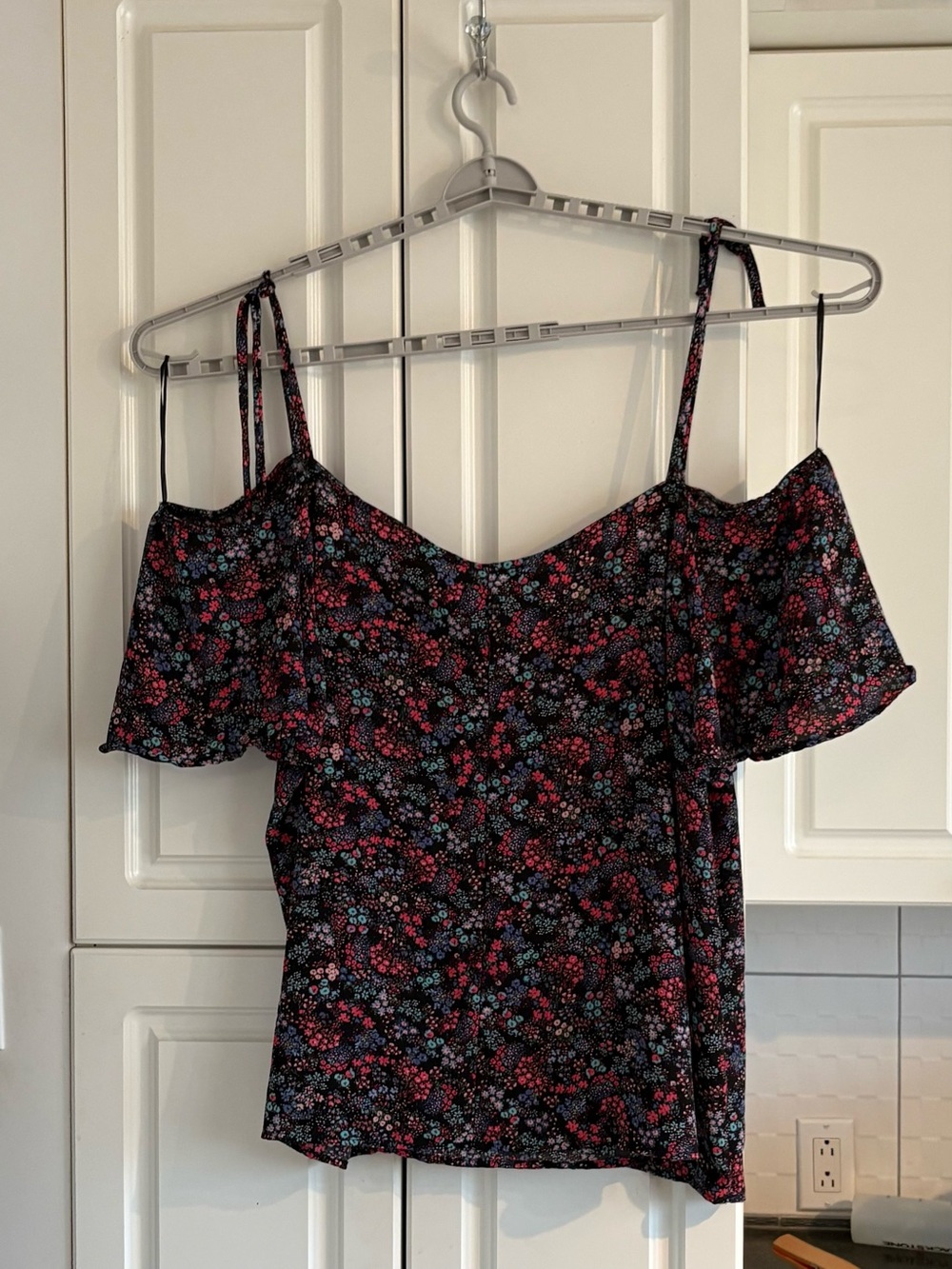 Love & Legend Black Floral Cold-Shoulder blouse with Pink & Blue Flowers